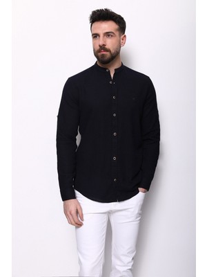 Düz Lacivert Renk Slim Fit Hakim Yaka Erkek Gömlek