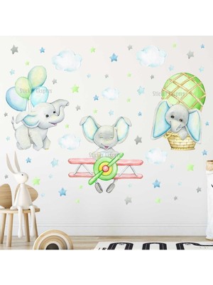 Mediterian Uçan Filler Çocuk Odası Duvar Sticker Seti