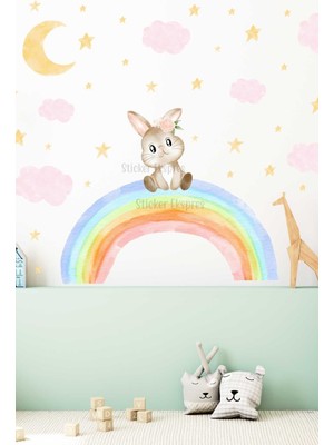 Mediterian Gökkuşağında Oturan Sevimli Tavşan Çocuk Odası Duvar Sticker Seti