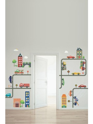 Mediterian Eğlenceli ve renkli şehir temalı çocuk odası duvar sticker seti, 5+ parça