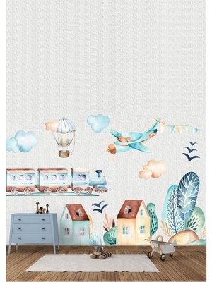 Mediterian Renkli Uçak ve Evler Temalı Duvar Sticker Seti, Eğlenceli ve Dekoratif Çocuk Odası Dekoru