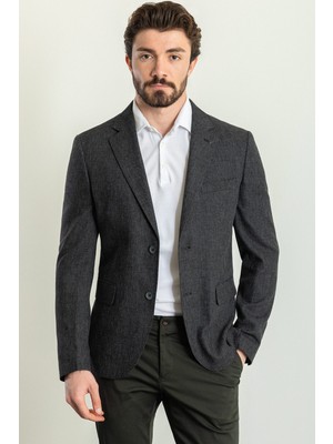 MCR Desenli Siyah Renk Slim Fit Mono Yaka Keten Erkek Ceket