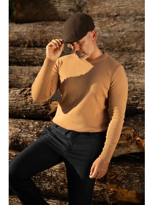 Düz Taba Rengi Slim Fit Bisiklet Yaka Yün Erkek Triko Kazak