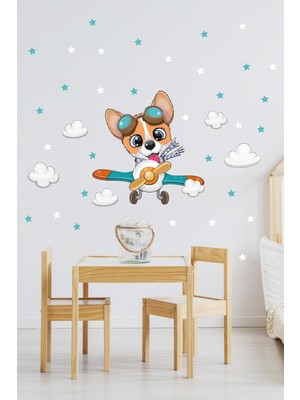 Mediterian Gökyüzü temalı renkli köpek duvar sticker seti, bebek ve çocuk odası dekorasyonu için mükemmel