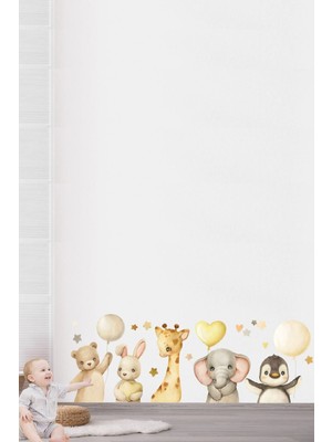 Mediterian Parti Yapan Hayvanlar Pastel Renk Çocuk ve Bebek Odası Duvar Sticker Seti