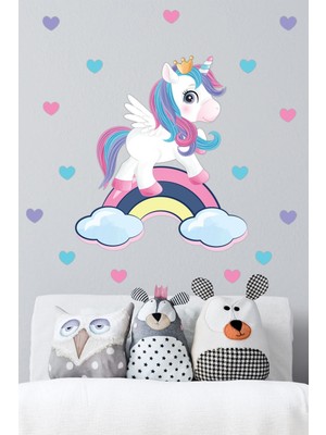 Mediterian Çocuk Odası Renkli Unicorn ve Kalpler Duvar Sticker, Eğlenceli ve Şık Dekorasyon