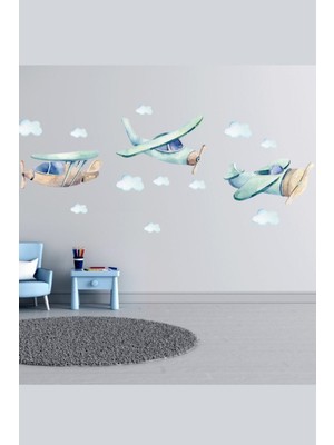 Mediterian Çocuk odası renkli üçlü uçaklar duvar sticker seti, eğlenceli dekorasyon seçeneği
