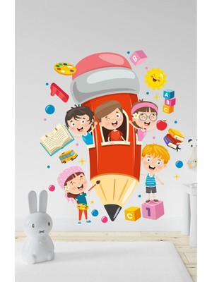 Mediterian Okula Dönüş Kalem ve Öğrenciler Okul Duvar Sticker Renkli