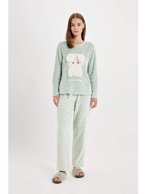 DeFacto Fall in Love Pijama Takım Welsoft Pelüş Baskılı Bisiklet Yaka Uzun Kollu Üst Çizgili Beli Lastikli Alt C5443AX24AU