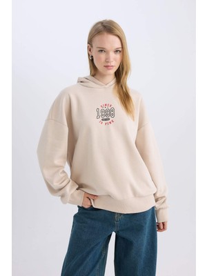 DeFacto Bej Coool Loose Fit Baskılı Kapüşonlu Sweatshirt D6671AX24WN