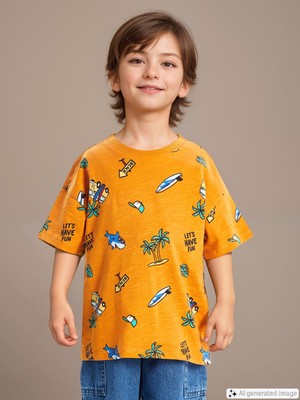 Lcw Baby Turuncu Baskılı Bisiklet Yaka Kısa Kollu Baskılı Erkek Bebek Tişört