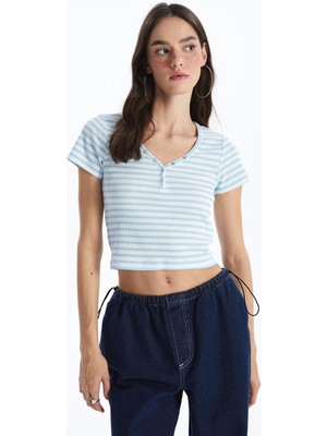 Xsıde Pembe Çizgili V Yaka Çizgili Kısa Kollu Kadın Crop