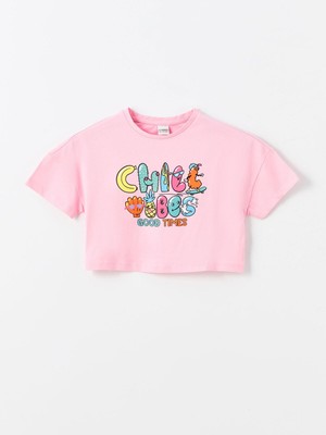 Lcw Kids Pembe Bisiklet Yaka Baskılı Kısa Kollu Kız Çocuk Crop Tişört