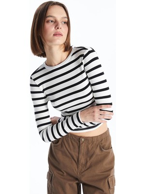 Xsıde Beyaz Bisiklet Yaka Çizgili Uzun Kollu Crop Kadın Tişört