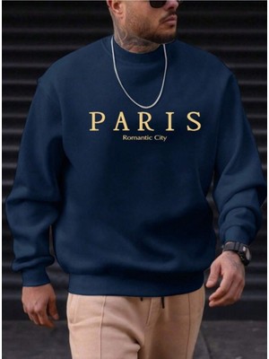 Altamira Erkek Petrol Mavi Paris Romantic City Baskılı Bisiklet Yaka Sweatshirt