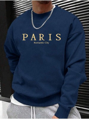 Altamira Erkek Petrol Mavi Paris Romantic City Baskılı Bisiklet Yaka Sweatshirt