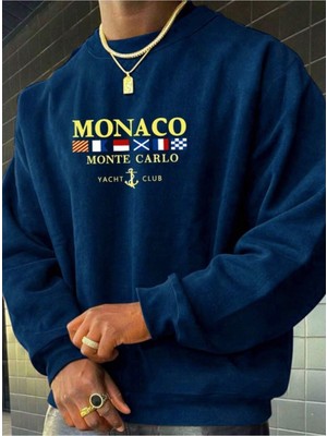 Altamira Erkek Petrol Mavi Monaco Baskılı Bisiklet Yaka Sweatshirt