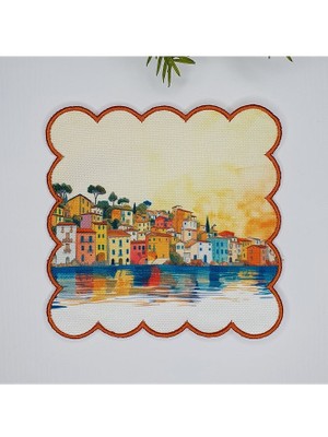 Deco Sulu Boya Sahil Kasabası Desenli Dijital Baskılı Nakışlı Kokteyl Peçetesi