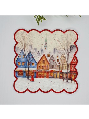 Deco Sulu Boya Şirin Yılbaşı Kasaba Temalı Dijital Baskılı Nakışlı Kokteyl Peçetesi