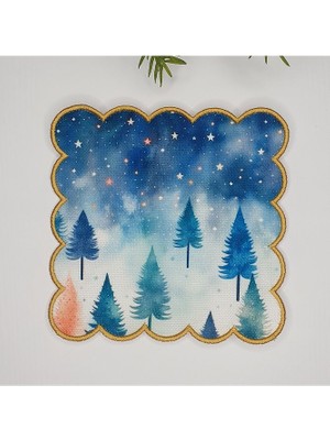 Deco Sulu Boya Çam Ağaçlı Yıldızlı Gökyüzü Desenli Dijital Baskılı Nakışlı Kokteyl Peçetesi