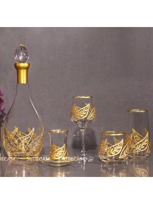 31 Parça 6 Kişilik Yaprak Kristal Kesme Gold Cam Su Bardak Takımı,Meşrubat Bardağı Seti