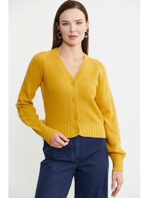 Kısa Düğmeli Yünlü Triko Hırka - Güneş