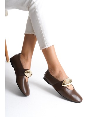 Mubiano Collection Mubiano Hakiki Deri Collection Kadın Gold Toka Detaylı Babet Kahverengi - MCRGN8037 - KH