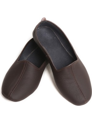 Deripatiğim Deri Pamuk Astarlı Kahve Ev Patiği | Hac Umre Tavaf Patiği | Ev Ofis Salon Ayakkabısı