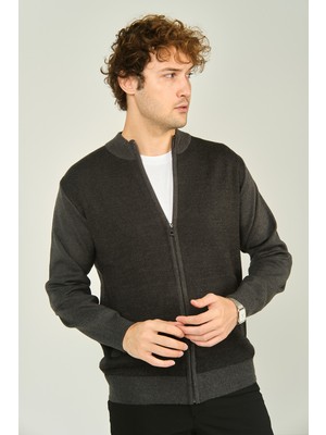 Ateş Triko Erkek Fermuarlı Cep Detaylı Hakim Yaka Yün Hırka 4491 Koyu Gri