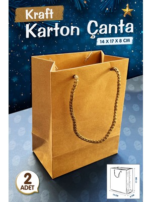 Tuğset Etiket Kraft Karton Çanta Hediye Paketi Çanta Poşet 2'li 14 x 17 x 8 cm