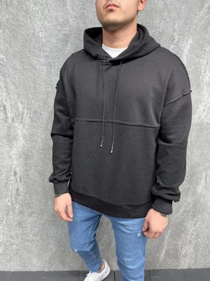 Erkek Siyah Trend Kapüşonlu Sweatshirt