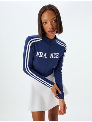 Koton Crop Tişört Fermuarlı Uzun Kollu Slogan Baskılı Dik Yaka Biyeli Slim Fit