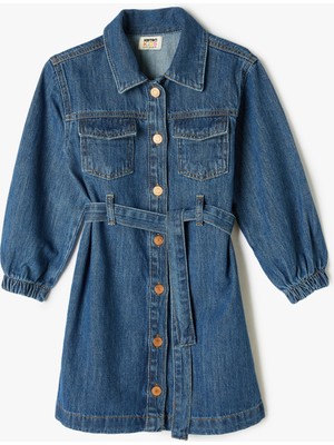 Koton Kot Elbise Gömlek Yaka Uzun Kollu Kemer ve Düğme Detaylı Pamuklu