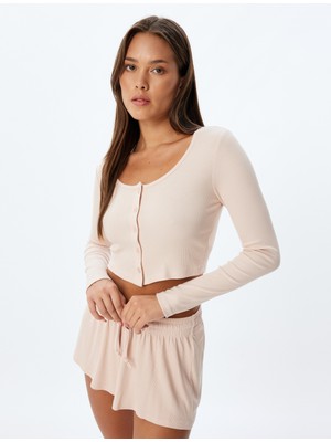 Koton Crop Pijama Üstü Uzun Kollu Düğmeli U Yaka Viskon
