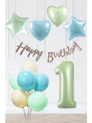 Pekshop Retro Mavi Yeşil Renkler Doğum Günü Parti Seti Retro Yeşil Yaş Balonlu Kraft Banner Balon Zinciri Seti