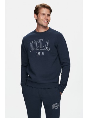 SANDHILL Lacivert Bisiklet Yaka Nakışlı Şardonlu  Loose Fit Erkek Sweatshirt