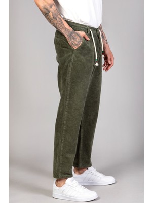  Erkek Haki Baggy Fit Rahat Kalıp Kadife Pantolon