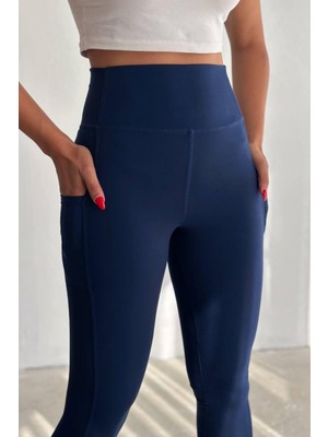 Balenbi Haute Kadın Yüksek Bel Lacivert Toparlayıcı Çift Cepli Leggings Fitness Tayt 1090