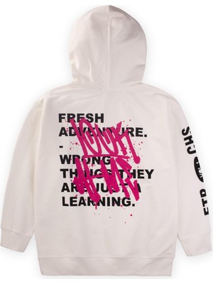 Cigit Look Fresh Baskılı Kapşonlu Sweatshirt 9-14 Yaş Kırık Beyaz