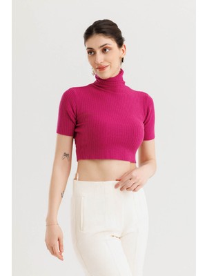 Lemams Butik Boğazlı Crop Triko Bluz Fuşya