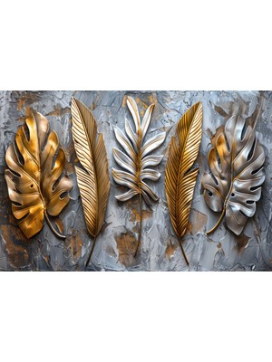 Aden Dekoratif Altın Renk Yapraklar  Şık Kanvas Tablo