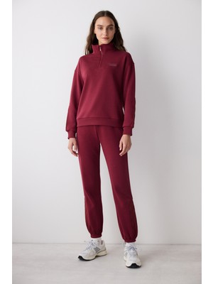 Bordo Yarım Fermuarlı Maura Sweatshirt - Saude Koleksiyonu