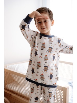 0.5 Tog - %100 Organik Pamuk Çocuk Pijama Takımı - Sevimli Canavar Desenli