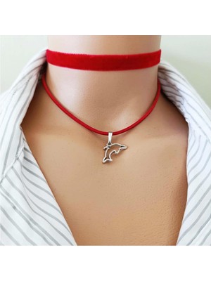 BijuStore Kırmızı Kadife - Süet Yunus Balığı Kadın Choker