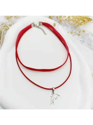 BijuStore Kırmızı Kadife - Süet Yunus Balığı Kadın Choker