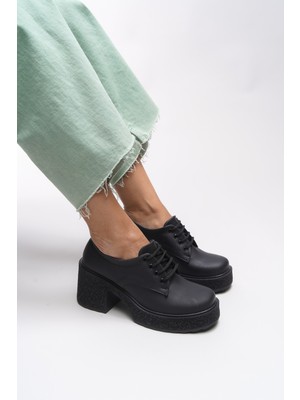 Riccon Kadın Topuklu Bağcıklı Loafer Siyah 00121540 Kısa Topuklu Rahat Taban