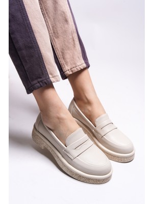 Riccon Ashlalona Kadın Loafer Düz Tabanlı Şık Bej Renk Ayakkabı