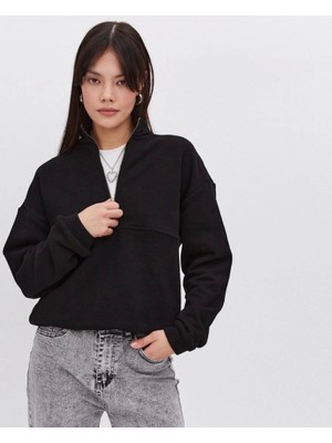 Stil Aura Oversize Yarım Farmuarlı Yakalı Basic Sweatshirt - Siyah