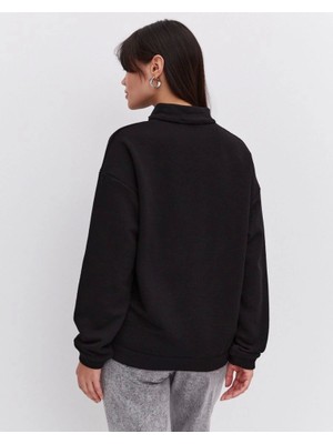 Stil Aura Oversize Yarım Farmuarlı Yakalı Basic Sweatshirt - Siyah