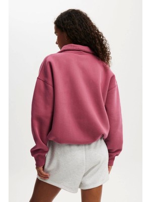 Stil Aura Oversize Yarım Farmuarlı Yakalı Basic Sweatshirt - Gül Kurusu